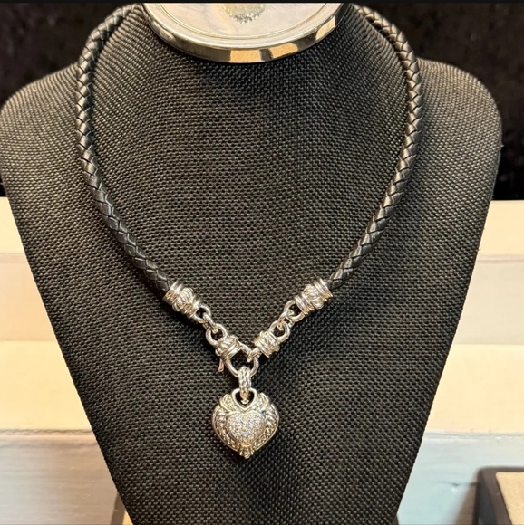 Judith Ripka SterlingSilver Leather CZ Heart PendantStatement Necklace 18